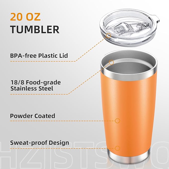 20 oz Tumbler Bulk with Lid Stainless Steel Insulated Tumblers Double Wall Vacuum Coffee Mug Powder Coated Tumbler Cups for Cold and Hot Drinks, Orange, 12 pack