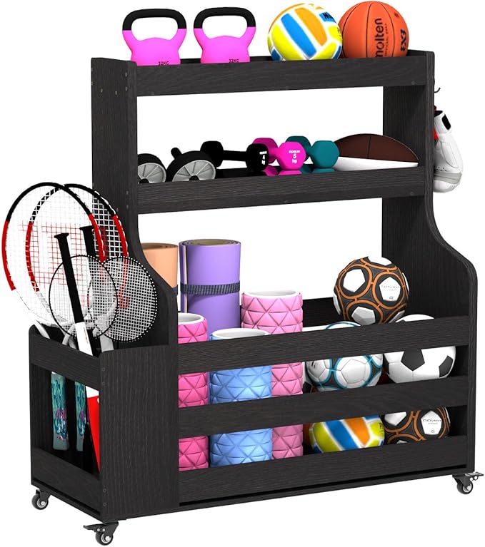 Weight Rack for Dumbbells, Home Gym Organizer Rack Yoga Mat Holder with Wheels and Hooks, All in One Workout Storage for Yoga Mat, Foam Roller, Gym Storage Storage for Home Exercise(Wood) - Bloomnest