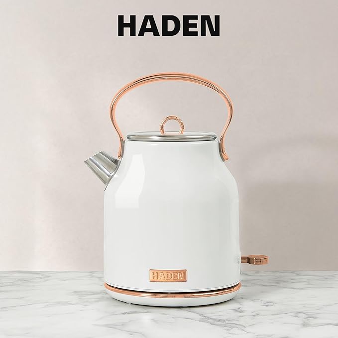 Haden Heritage 1.7 Liter Stainless Steel Electric Kettle, Hot Water Kettle with 360-Degree Base and Auto Shutoff, Ivory & Copper - Bloomnest