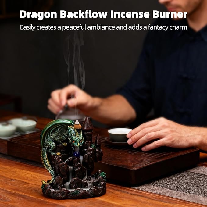 Dragon Backflow Incense Burner, Waterfall Incense Burner Mountain Backflow Incense Holder,Resin Castle and Dragon,Includes 60 Sandalwood Cones and Tweezers,for Home Decoration and Relaxation - Bloomnest