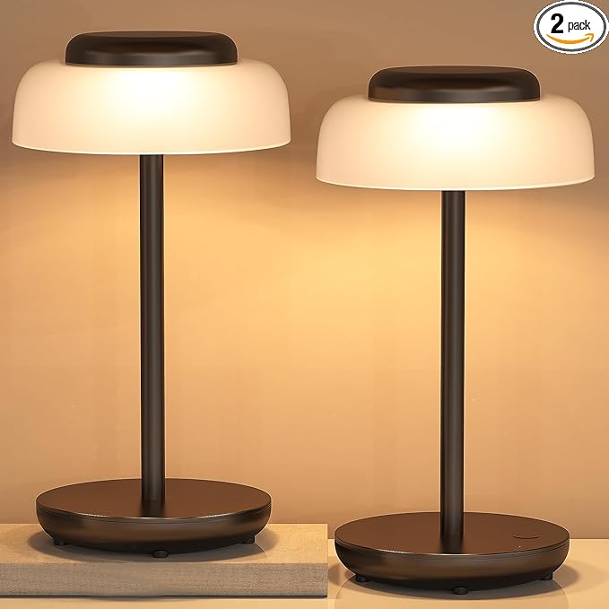 QiMH Battery Operated LED Table Lamp, 5000mAh Rechargeable Cordless Lamp Set of 2, Stepless Dimmable Touch Control, Small Waterproof Desk Night Light for Living Room, Bedroom, Outdoor Bar (Black) - Bloomnest