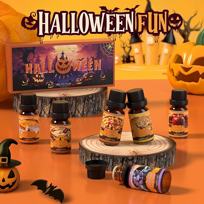 Halloween Fragrance Oils Set, ARVIDSSON Fall Essential Oils for Diffuser - Pumpkin Pie, Spiced Cider, Caramel Apple, Candy Corn, Snickerdoodle, Spooky Spices, Autumn Scented Oil Gift for Women - Bloomnest