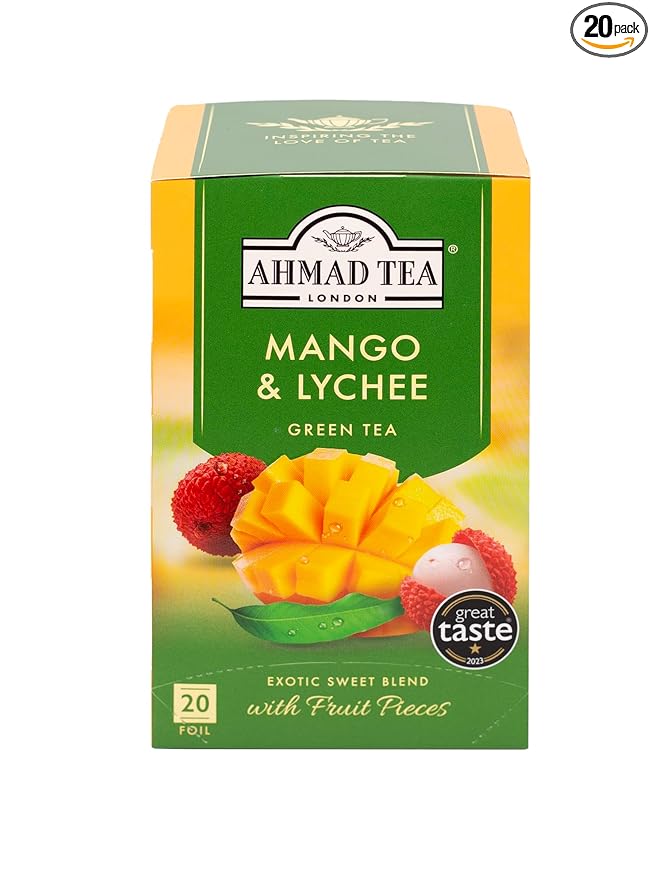 Ahmad Tea Green Tea, Mango & Lychee Teabags, 20 ct (Pack of 1) - Caffeinated & Sugar-Free - Bloomnest