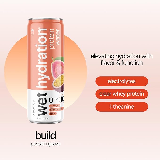 Wet Hydration | Functional Wellness Water, Non-Carbonated - Passion Guava (12 fl. oz. / 355ml Cans, Pack of 12) - Zero Calorie Hydration Drink with Electrolytes, Clear Whey Protein, BCAAs, Protein Water, No Sugar, No Artificial Ingredients - Bloomnest