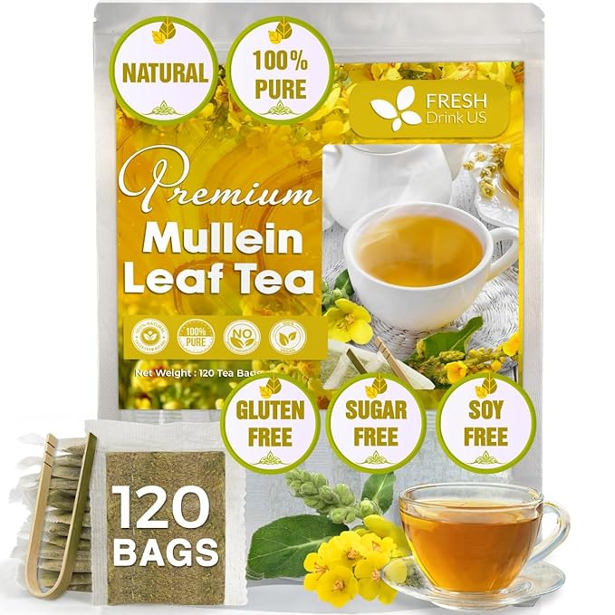 FreshDrinkUS, Premium 120 Mullein Leaf Tea Bags For Lung, 100% Natural & Pure from Mullein Leaves. Loose Leaf Mullein Herbal Tea. Made with Natural Material Tea Bags. No Sugar, No Caffeine, No Gluten, Vegan. - Bloomnest