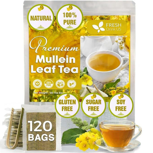FreshDrinkUS, Premium 120 Mullein Leaf Tea Bags For Lung, 100% Natural & Pure from Mullein Leaves. Loose Leaf Mullein Herbal Tea. Made with Natural Material Tea Bags. No Sugar, No Caffeine, No Gluten, Vegan. - Bloomnest