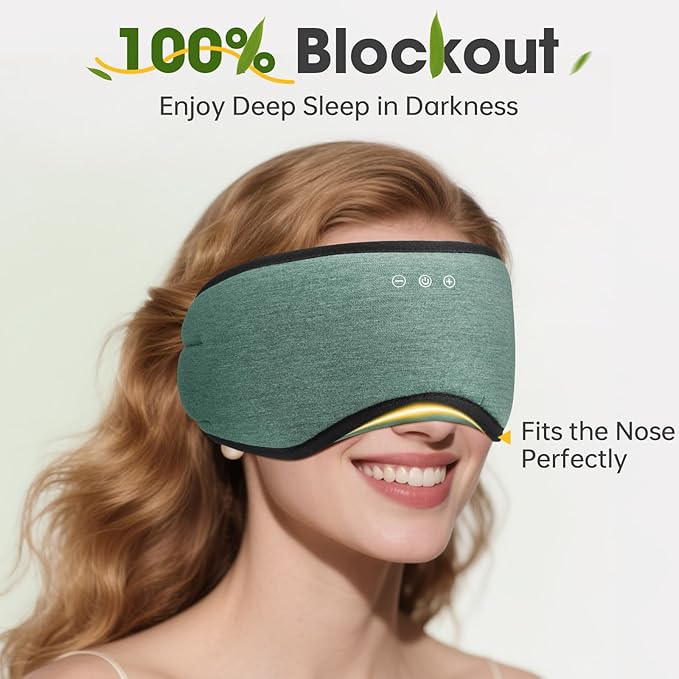 Sleep Headphones with Bluetooth 5.4 Sleep Mask, Bamboo Cotton Music Wireless Bluetooth Eye Mask for Sleeping, Earphones HD Speaker Microphone for Travel, Gifts for Men Women, Green - Bloomnest