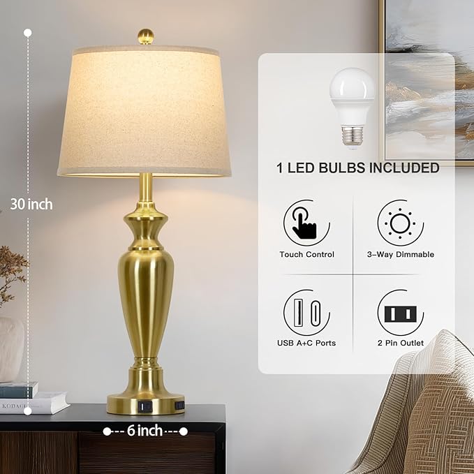 30" Tall Gold Table Lamp for Living Room, 3-Way Dimmable Touch Control Bedside Lamp for Bedroom Nightstand with USB A+C Ports & AC Outlet (1 Pack) - Bloomnest