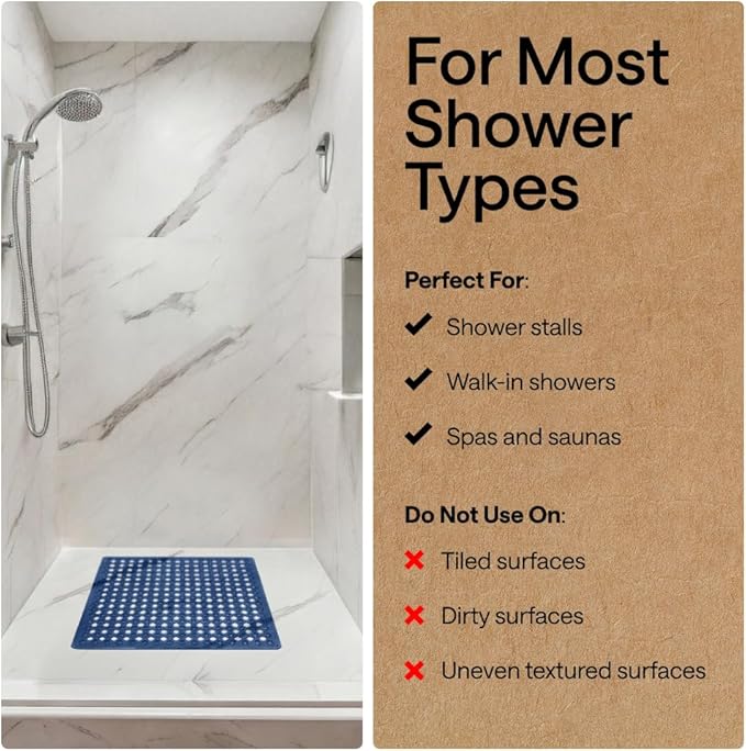 GORILLA GRIP Patented Square Shower Stall Mat, Small Bathtub Floor Mats for Stand Up Showers, Suction Cups and Drainage Holes, Machine Wash, Soft on Feet, Bathroom Accessories 21x21 Inch, Navy Blue - Bloomnest