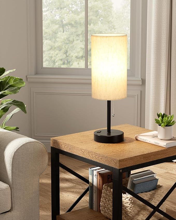 Fenmzee Plus Bedside Table Lamps Set of 2-3 Color Temperatures Pull Chain Lamp with AC Outlet Charging Port, Round Night Stand Lamps for Bedroom Guest Room Office, Bed Side Light with E26 LED Bulbs - Bloomnest
