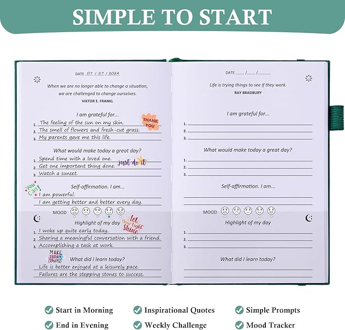 Gratitude Journal with 4 Inspirational Stickers: Undated Daily Gratitude Journal for Women and Men - More Happiness, Affirmation, and Mindfulness in A Few Minutes with Prompts & Quotes (Green) - Bloomnest