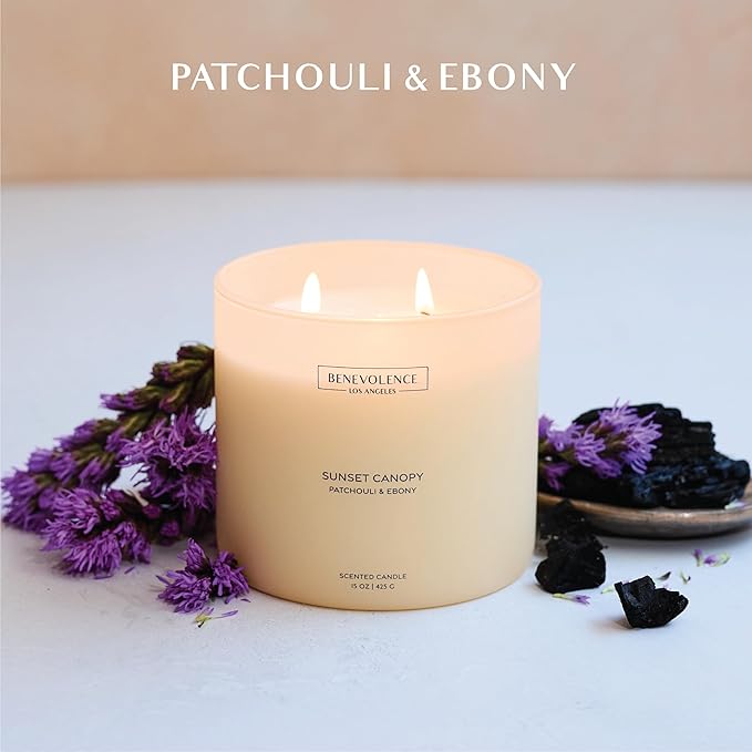 Patchouli & Ebony – Benevolence LA 3-Wick Fall Scented Candle for Home | 15oz, 50-Hour Burn | Natural Soy Wax | Warm & Grounding Autumn Home Fragrance | Malibu Sands Collection – Gift for Women & Men - Bloomnest
