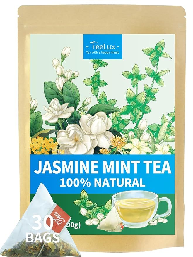 TeeLux Mint Jasmine Tea, 3g/bag, Mint with Jasmine, Lily, Osmanthus, Chrysanthemum, Fresh & Refreshing Flavor, Caffeine Free, 30 Count - Bloomnest