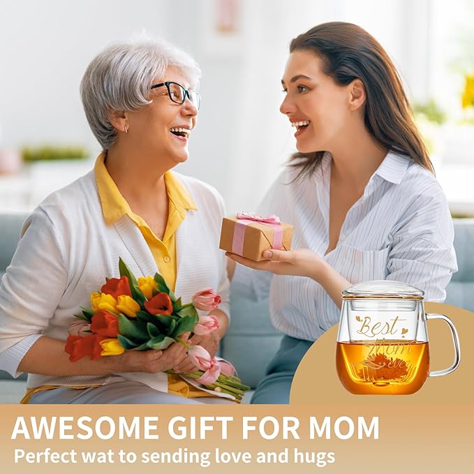 Glass Tea Cup 17.6oz, “Best Mom Ever” Mothers Day Cup with Gift Box, Gifts Mug for Mom, Glass Mug Teacup, Tea Cups for Mom Birthday, Perfect for Grandma & Daughter - Bloomnest