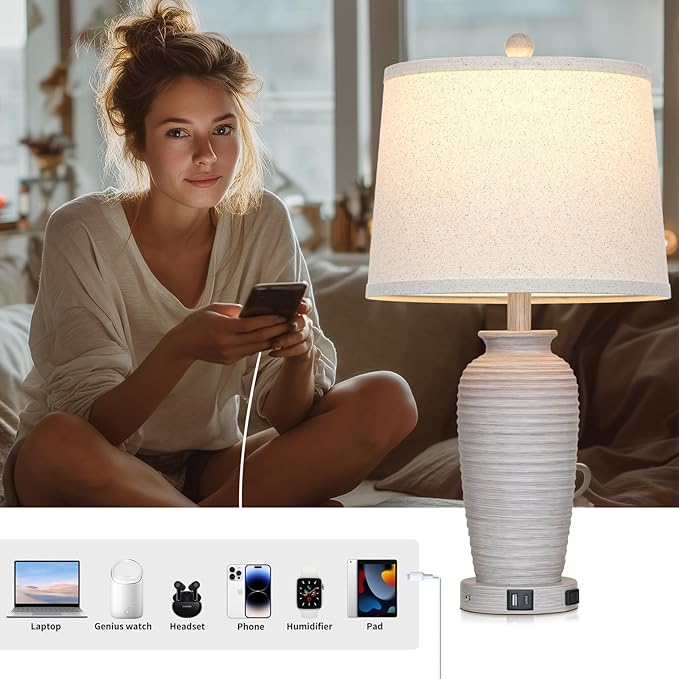 25" Vintage Farmhouse Jar Table Lamps, Single Rustic Bedside Lamp with USB A+C Ports & AC Outlet, Nightstand Lamps for Living Room, Bedroom, End Table, Grey White(LED Bulb Included) - Bloomnest