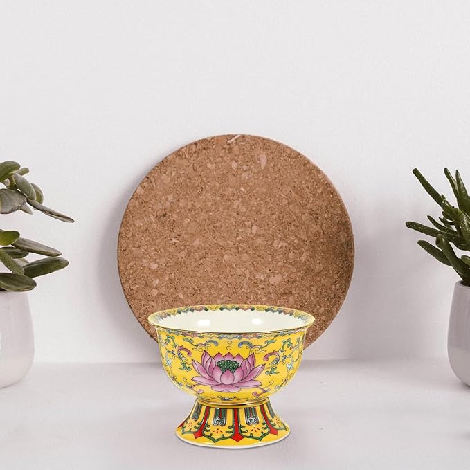 Garneck Singing Bowl Buddhist Antique Ceramic Lotus Carving Handmade Bowl Temple Desktop Ornament for Chakras Healing Meditation Zen Yellow - Bloomnest