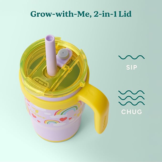 REDUCE 14 Oz Coldee Kids Tumbler with Lid and Straw - Coldee Insulated Travel Mug - Spill-Proof, Sweatproof Stainless Steel, BPA-Free - Includes Handle, Reusable Silicone Straw - Rainbow Sky - Bloomnest