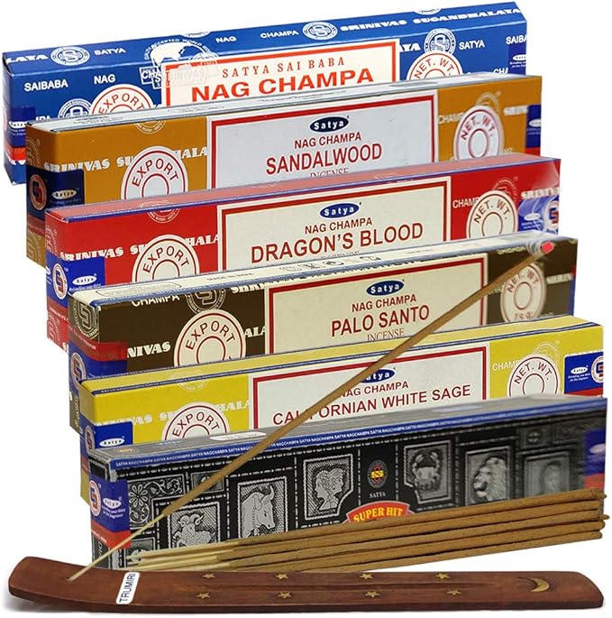 Satya Incense Sticks Variety Pack #3 and Incense Stick Holder Bundle with 6 Most Popular Fragrances TRUMIRI