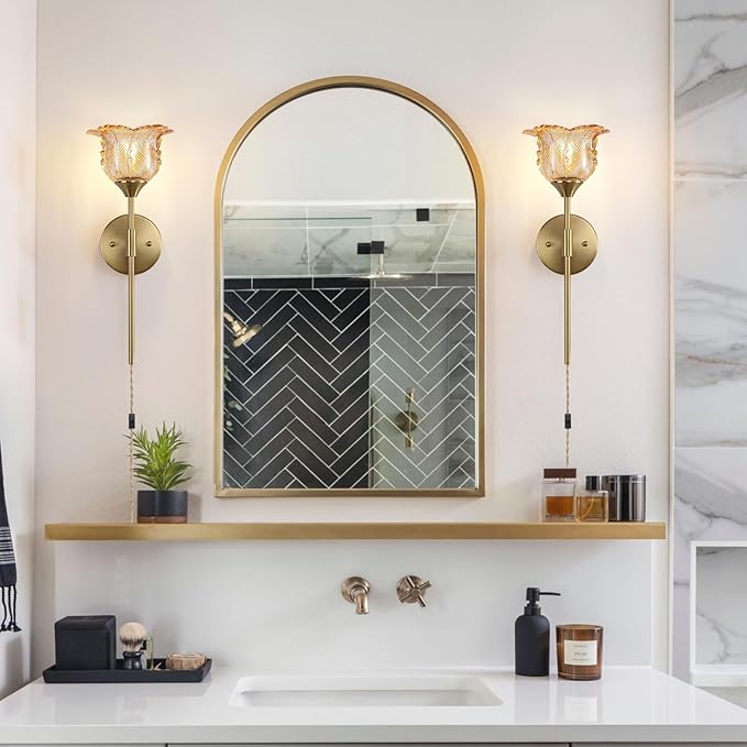 Plug in Gold Wall Sconce Set of 2 with Amber Glass Shades, Modern Mid Century Bathroom Vanity, Wall Light Fixtures, Brushed Brass Wall Lamp, for Bedroom Mirror Living Room, ETL Listed - Bloomnest