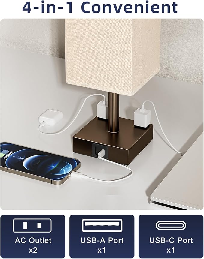 Brown Touch Table Lamp - Bedside Lamp with USB A + Type C Charging Ports and Two AC Outlets, Small Night Stand with E26 LED Bulb, Desk Light for Bedroom Living Room Office Dorm - Bloomnest