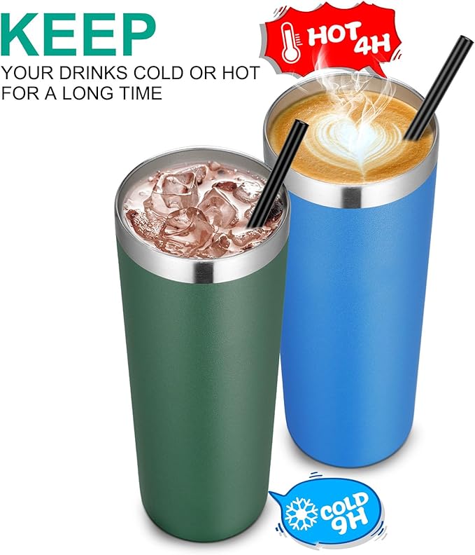 VEGOND Stainless Steel Skinny Tumbler, 20 oz Vacuum Insulated Tumbler with Lid and Straw, Double Wall Coffee Cup, Travel Mug for Cold Hot Drinks, Dark Green 1 Pack - Bloomnest