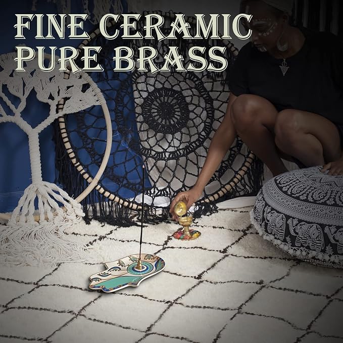 Ceramic Hamsa Hand Incense Holder - 2 in 1 Brass Incense Holder for Sticks and Coil Incense- Zen Decor with Hand of Fatima Design Protection from Evil - 6.2" L X 4.5" W (Blue) - Bloomnest