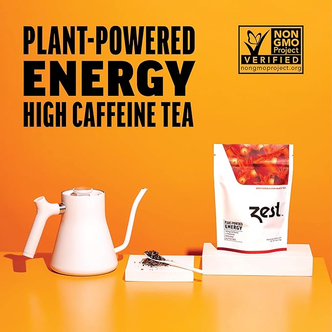 Zest Energy Black Tea - Spicy Masala Chai Loose Leaf Blend - High Caffeine Cardamom Ginger Tea with Cinnamon - Caffeinated Coffee Altnernative - Natural, Non-GMO & Keto - 50 Servings - 150mg Caf - Bloomnest