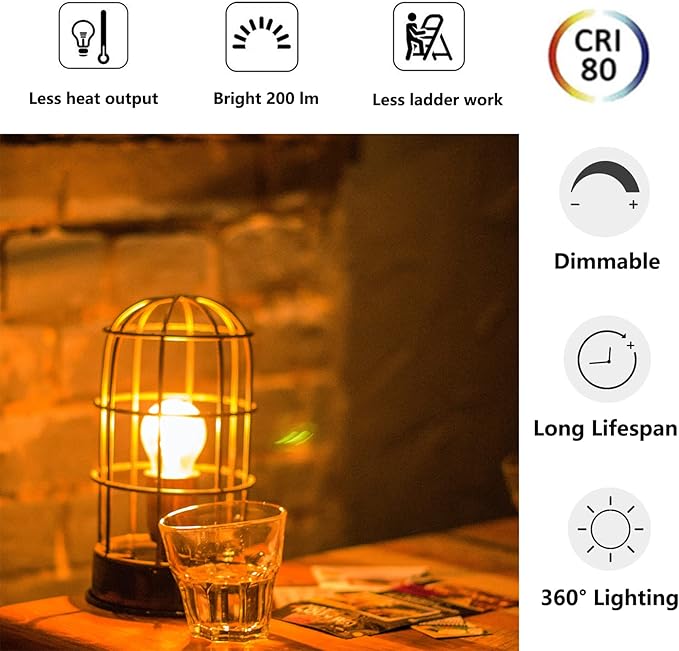 Dimmable 2W LED Globe Bulb 25Watt Equivalent E26 Light Bulb Warm White 2500K LED Edison Bulb, Vintage Filament Edison Decorative Bulb for Chandelier, Ceiling Fan, 6 Pack - Bloomnest