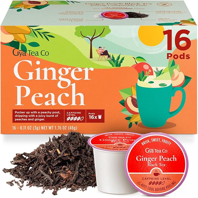 Gya Tea Co Caffeinated Ginger Peach Black Tea Pod (16 Count) - Smooth, Flavourful, Robust, Enjoy Hot or Iced - Bloomnest