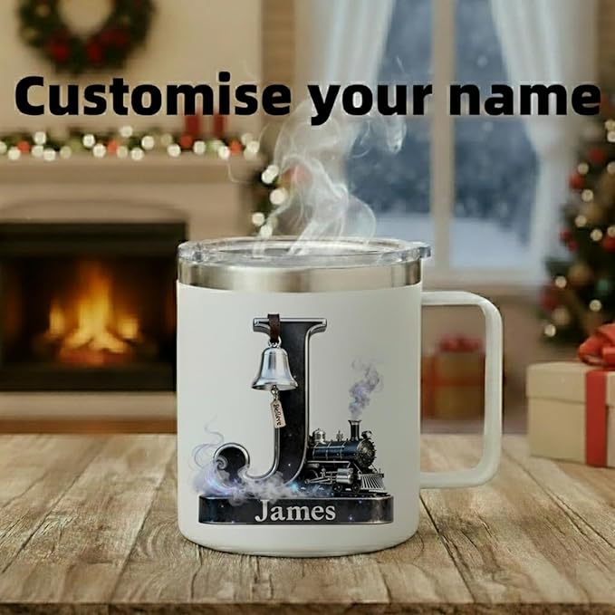 Personalized Polar Express Mug with Believe Bell & Custom Name - 14oz Insulated Hot Chocolate Tumbler with Lid - Magical Christmas Train Gift for Kids, Family (B69) - Bloomnest