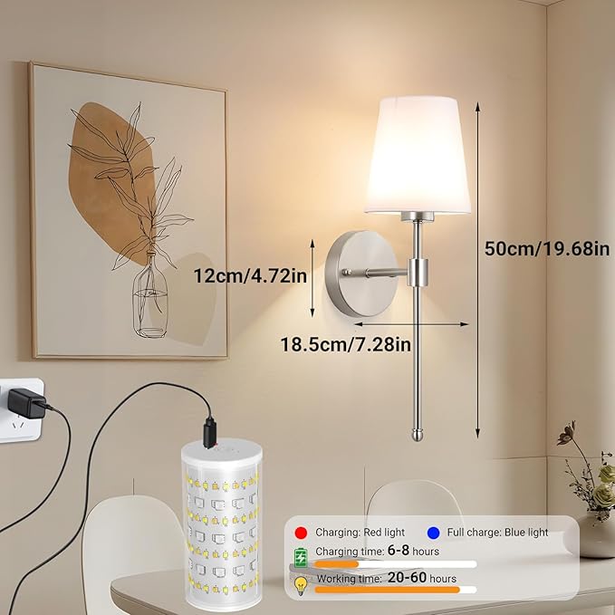 Battery Operated Wall Sconces Set Of 2, Wireless Battery Wall Light With 10000mAh RGB Rechargeable Magnetic Bulb, Rechargeable Wall Sconce With Remote Control For Bedroom, No Electrician Required - Bloomnest