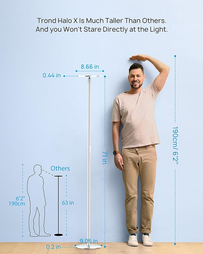 TROND Floor Lamp, LED Torchiere Uplight Lamp, 5 Brightness Aluminum Modern Standing Light, 5500K Natural Daylight, 5000 lm, 71in Tall, 30 Mins Timer, Detachable, for Office Living Room Bedroom, Silver - Bloomnest