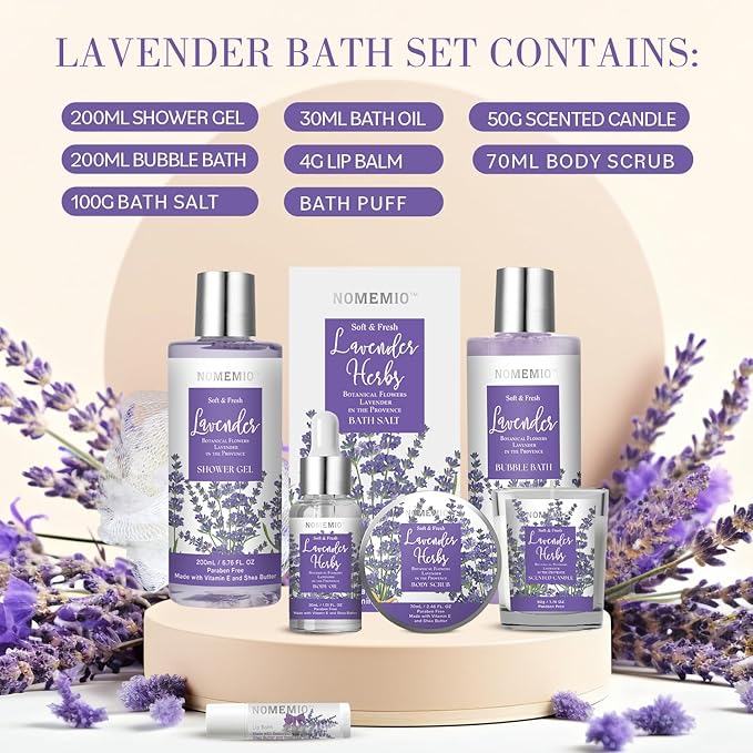 Valentine's Day Gift for Women, Spa Gift Basket for Women, 8pcs Lavender Spa Kit Set with Body Wash, Bubble Bath, Scrub, Bath & Beauty Skin Care Gift Sets, Christmas Gifts Set for Women, Her, Mom - Bloomnest