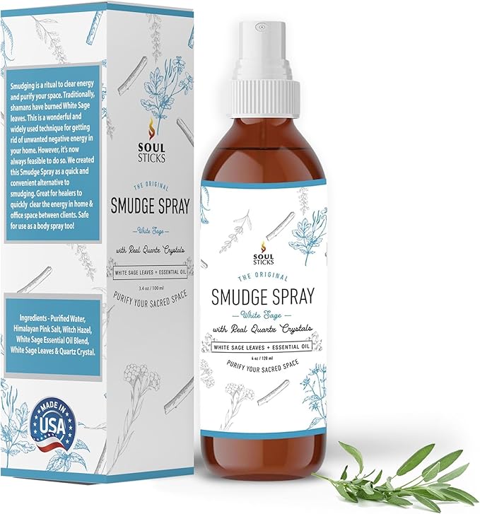 SOUL STICKS White Sage with Pearl Smudge Spray – 3.5oz Smokeless Energy Mist – Quartz Crystal & Pearl Infused Aura Cleanser – Spiritual Spray for Emotional Balance, Protection & Inner Peace SoulSticks