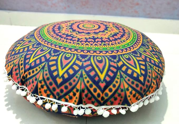 ICC New Blue Ombre 24" Mandala Barmeri Large Floor Pillow Cover Cushion Meditation Seating Ottoman Throw Cover Hippie Decorative Zipped Bohemian Pouf Ottoman Pom Pom Cases 24" Round - Bloomnest