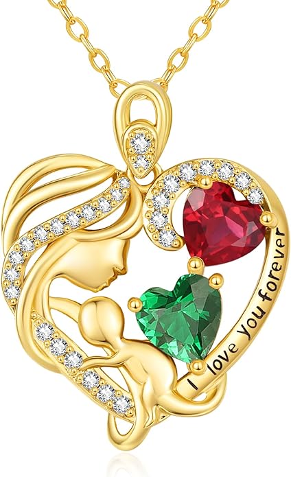14K Gold Double Birthstone Heart Necklace for Women Mom, Mother Son/Daughter Pendant Necklace for Christmas Mother's Day Birthday Gifts for Wife Daughter Grandmom - Bloomnest