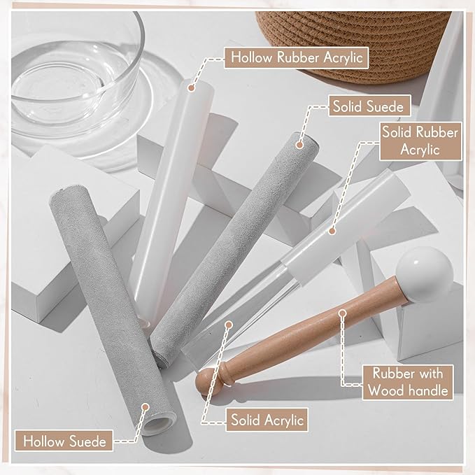 Nuanchu 5 Pcs Crystal Singing Bowl Mallet Set Includes Sheepskin Solid and Hollow Sound Sticks Singing Bowl Rubber Mallet with Wood Handle Clear Acrylic Striker for Playing(Silver) - Bloomnest
