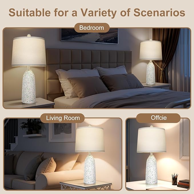 22.5" Faux Stone Table Lamps Set of 2, Farmhouse Lamps for Bedroom with Linen Shade, Rotary Switch Bedside Lamps with 3-Way Dimmable Bulb for Living Room Nightstand Home Decor(Bulb Included) - Bloomnest