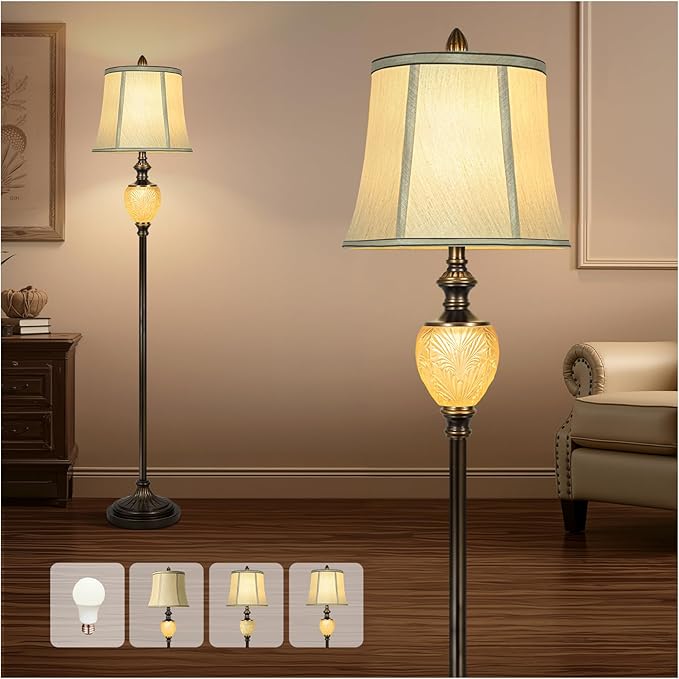 Vintage Floor Lamp with Nightlight, 64" Tall Lamp with Beige Faux Silk Shade, Rotary Switch, Farmhouse Design Brown Standing Lamp for Living Room Bedroom Office Dining Room Corner (LED Bulb Included) - Bloomnest