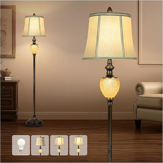 Vintage Floor Lamp with Nightlight, 64" Tall Lamp with Beige Faux Silk Shade, Rotary Switch, Farmhouse Design Brown Standing Lamp for Living Room Bedroom Office Dining Room Corner (LED Bulb Included) - Bloomnest