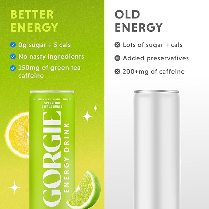 GORGIE Sugar Free Natural Energy Drinks, Sparkling Citrus Burst (12 Pack) - Healthy Energy Drinks - Natural Coffee Replacement with Green Tea Caffeine and Biotin - 150mg Caffeine, Vegan, & Low Calorie - Bloomnest