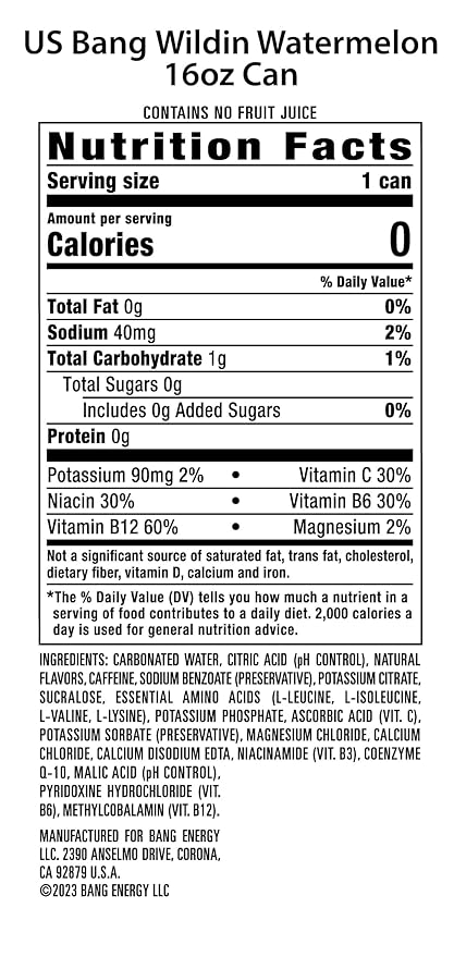 Bang Energy Wyldin’ Watermelon, Sugar-Free Energy Drink, 16-Ounce (Pack of 12) - Bloomnest