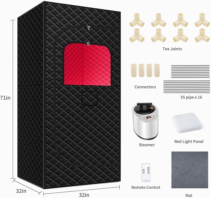 Sauna Box Red Light Theraphy - Portable Sauna for Home with 15 Levels Fast Heating, 3L/1200W Steamer and Non-Slip Mat, Remote Control for Body Relaxation, Steam Sauna for Indoor Use, 32" x 32" x 71" DAIMOT