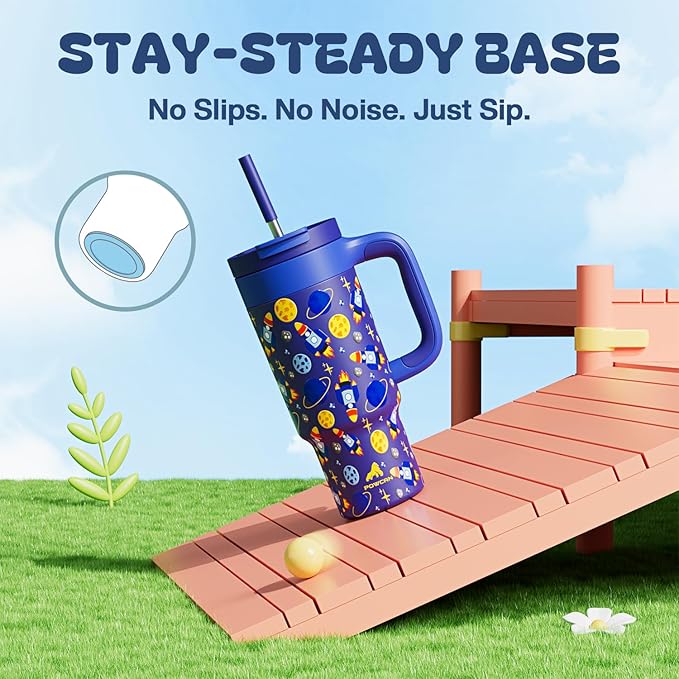 24 oz Stainless Steel Tumbler for Children: Durable Handle, Easy to Clean, Straw Gulp Lid, Car Cup Holder Friendly, Insulated Cup for Sport, Hiking, Carry, Adventures, Bag, Classroom (Space Rocket) - Bloomnest