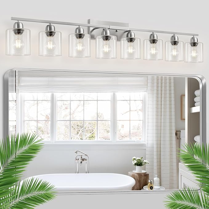 Modern Brushed Nickel 8 Light Bathroom Light Fixtures,52 inch Vanity Lights for Bathroom with Clear Glass for Mirror Kitchen Living Room Hallway Cabinet Porch - Bloomnest