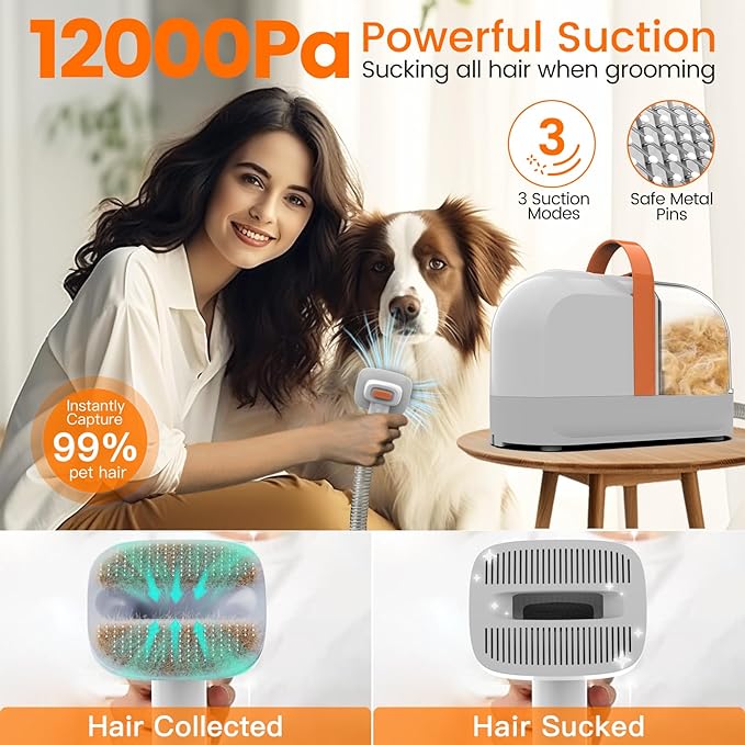 Dog Grooming Vacuum, Dog Grooming Kit with Pet Clippers, 12,000Pa Pet Hair Vacuum for Dogs, Low Noise Home Cleaning Tool in 1, PG10 - Bloomnest