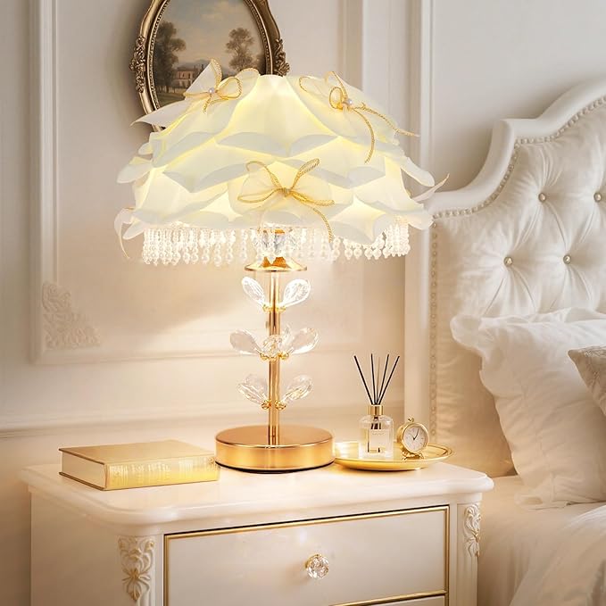 Cute White Table Lamp Girls Bedroom Modern Bow Desk Lamp Crystal Princess Bedside Light for Living Room Wedding Deco Study Room Entry Office - Bloomnest