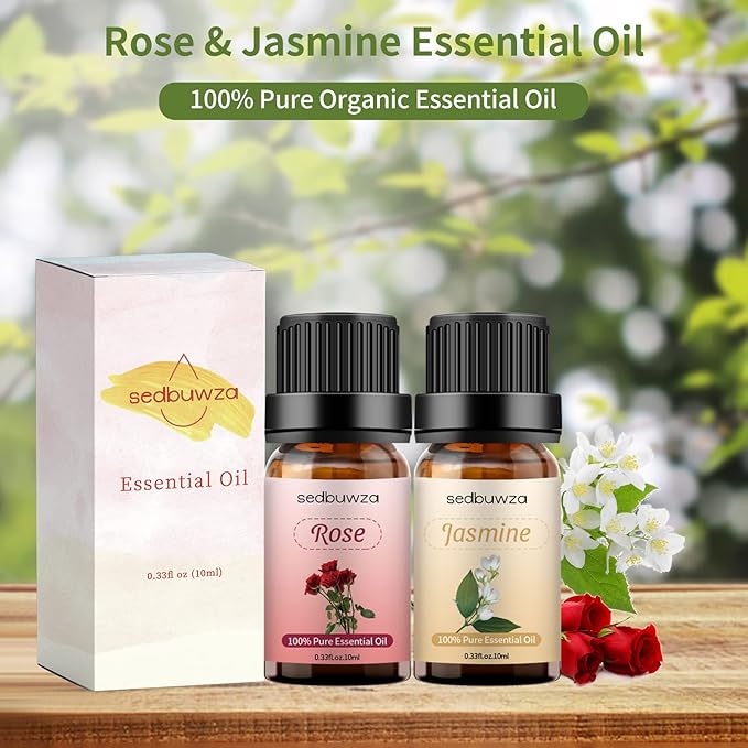 Sedbuwza Rose Jasmine Essential Oil Set, Rose Fragrance Oil Jasmine Scent Oil Set for Diffuser, Aromatherapy, Massage, Soap, Candle Making 2 x 10 ml Sedbuwza