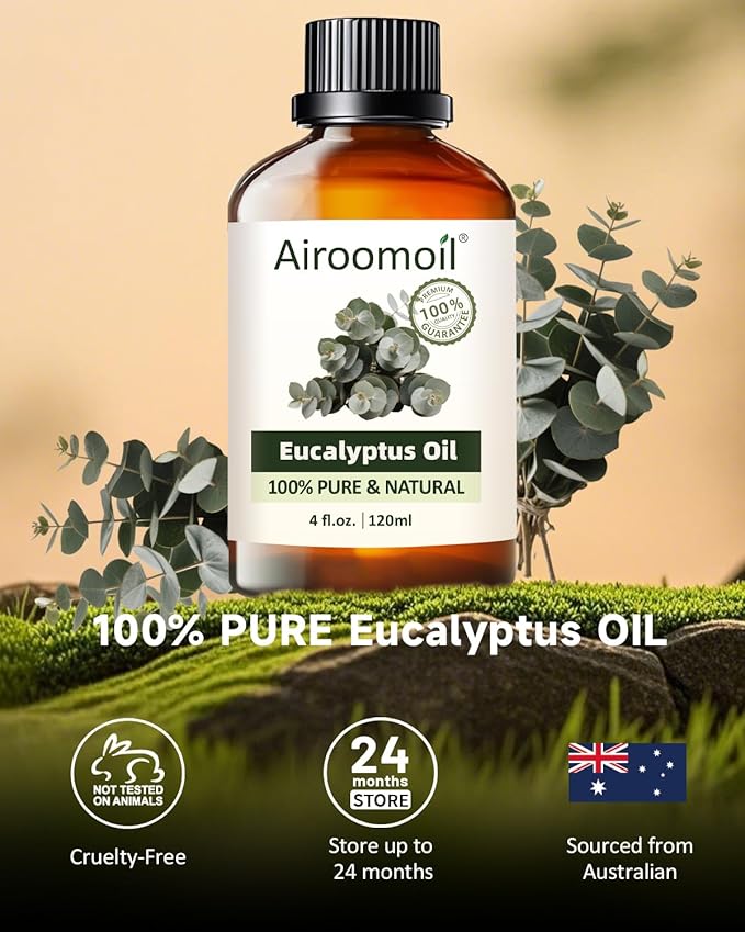 Eucalyptus Essential Oil 4 fl oz, 100% Pure Undiluted Single Note Oil for Shower Steam, Diffuser, Laundry & DIY Cleaning, Aromatherapy, Large Bottle for Home & Daily Use Airoomoil