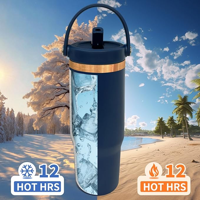 30 oz Tumbler with Handle, Double Wall Vacuum Insulated Tumblers with Flip Straw, Coffee Mug 30oz Powder Coated Cup for Hot and Cold Drinks(Copper Plated, Navy,8 pack)